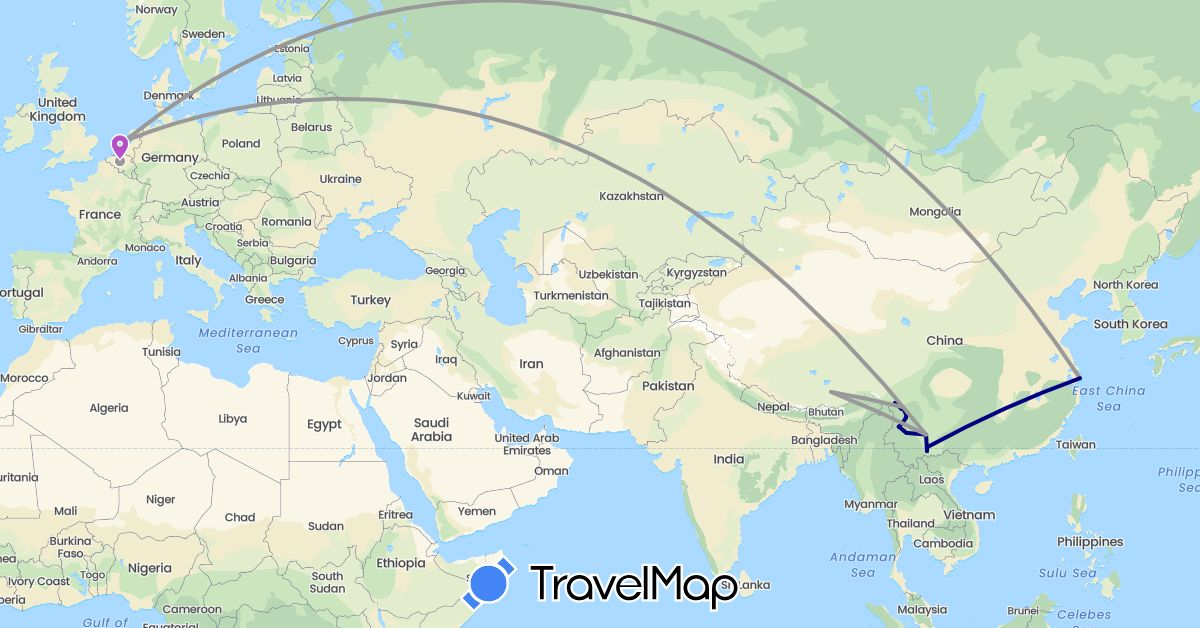 TravelMap itinerary: driving, plane, train in Belgium, China, Netherlands (Asia, Europe)